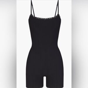 Skims Soft Lounge Ribbed Lace Romper Onesie in Onyx size medium